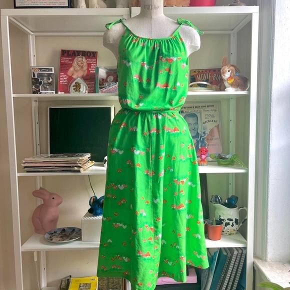Vintage Dresses & Skirts - ***SOLD*** Vintage 70’s Malia Honolulu Mushroom Print Sun Dress Green